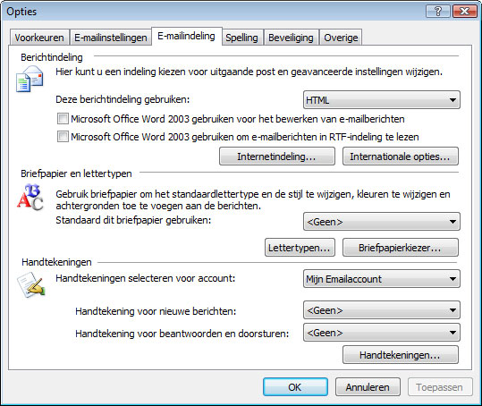 Outlook - Extra - Opties - E-mail indeling